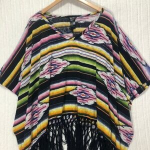 Rock 47 Poncho Top Serape Fringe Festival Colorful Cover Up‎ XL/TG